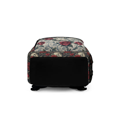 Skull and Red Roses Backpack | Gothic Floral Skull Pattern
