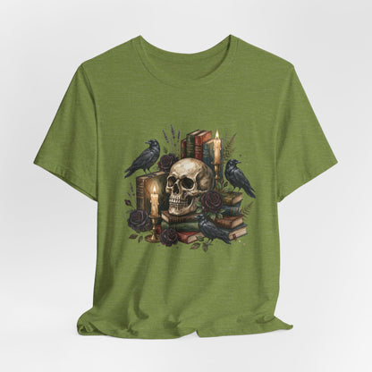 Skull and Ravens with Books Tee | Candlelit Gothic Skull T-Shirt