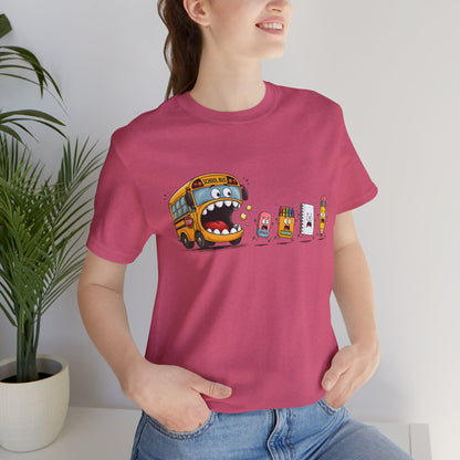 Monster School Bus Chasing School Supplies T-Shirt | Cute Cartoon Back-to-School Tee