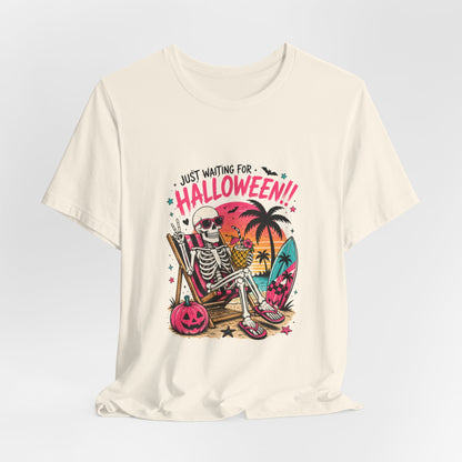 Just Waiting for Halloween Skeleton Beach Scene T-Shirt | Halloween Tee