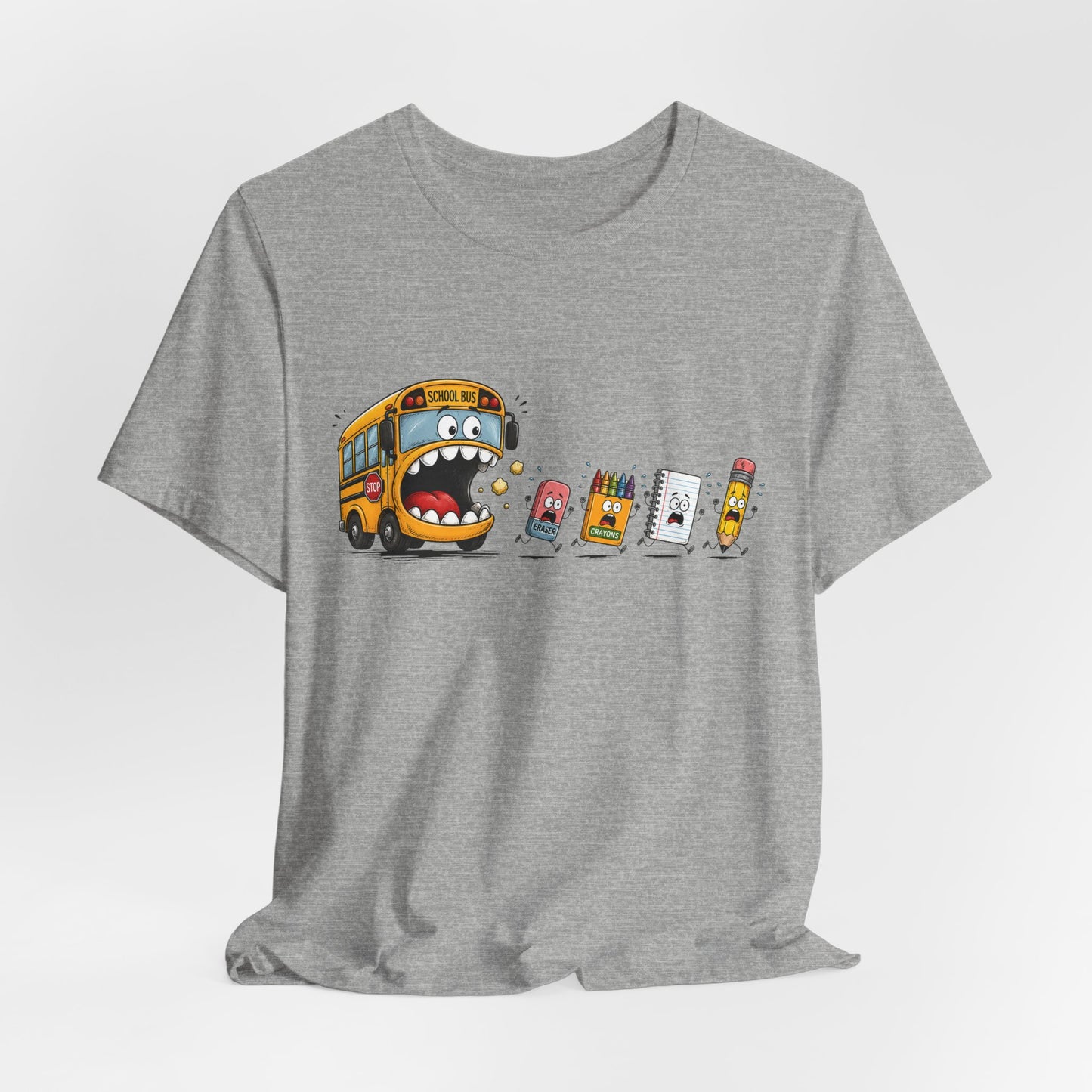 Monster School Bus Chasing School Supplies T-Shirt | Cute Cartoon Back-to-School Tee