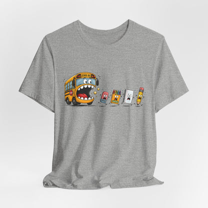 Monster School Bus Chasing School Supplies T-Shirt | Cute Cartoon Back-to-School Tee