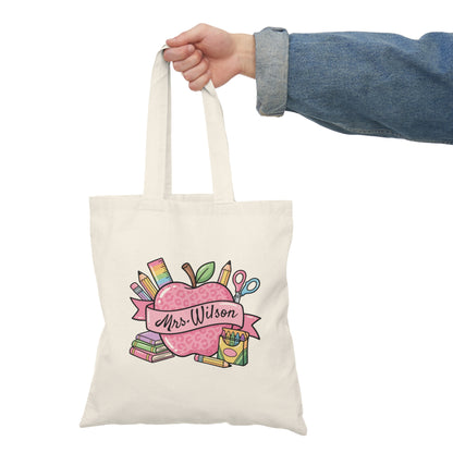 Personalized Apple Teacher Tote Bag | Custom Name School Supplies Design