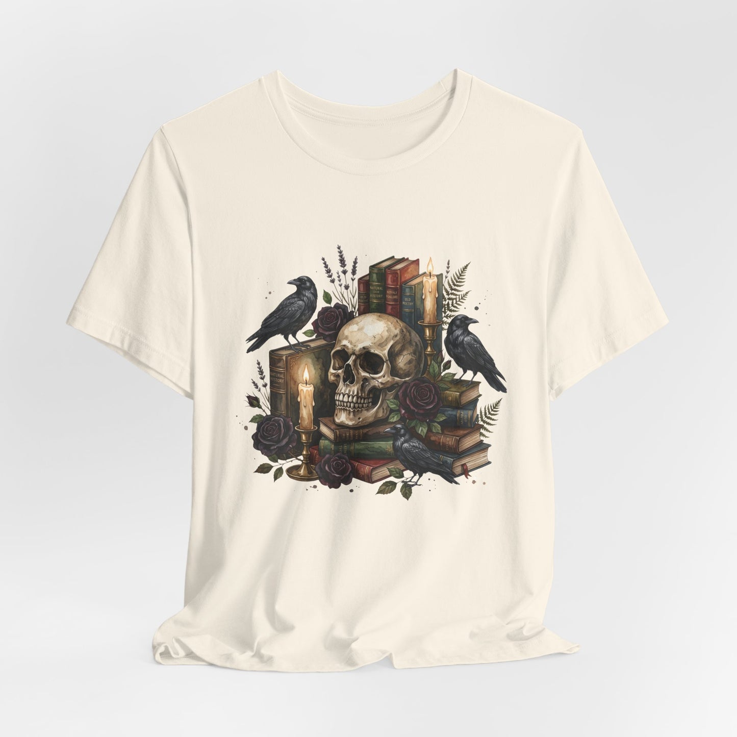 Skull and Ravens with Books Tee | Candlelit Gothic Skull T-Shirt