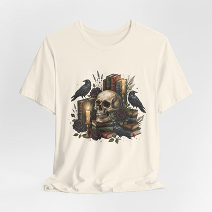Skull and Ravens with Books Tee | Candlelit Gothic Skull T-Shirt