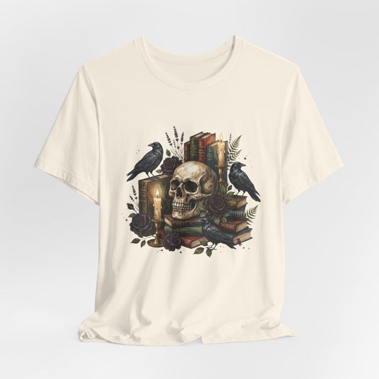 Skull and Ravens with Books Tee | Candlelit Gothic Skull T-Shirt