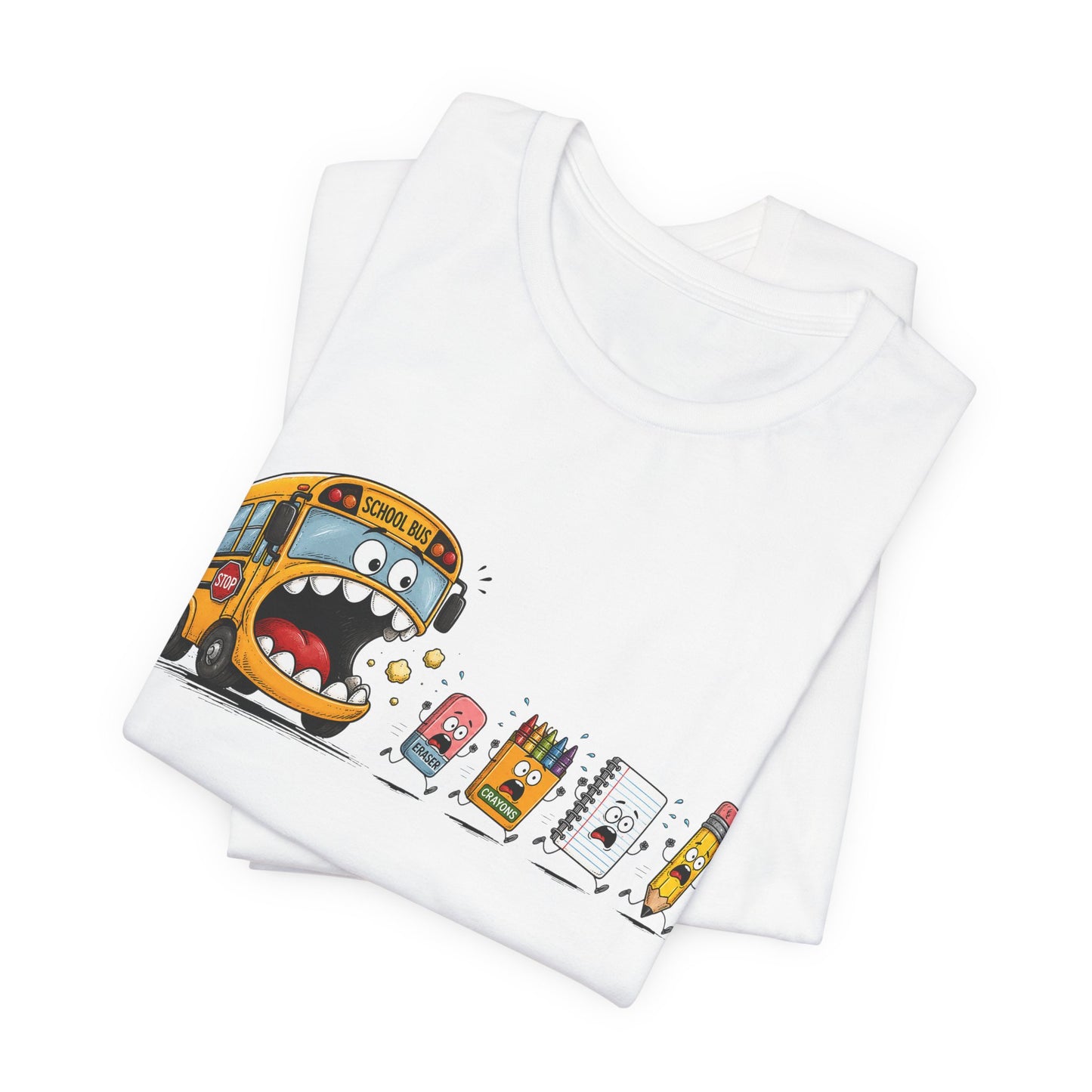 Monster School Bus Chasing School Supplies T-Shirt | Cute Cartoon Back-to-School Tee