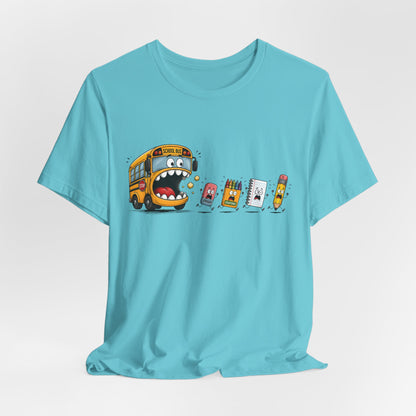 Monster School Bus Chasing School Supplies T-Shirt | Cute Cartoon Back-to-School Tee