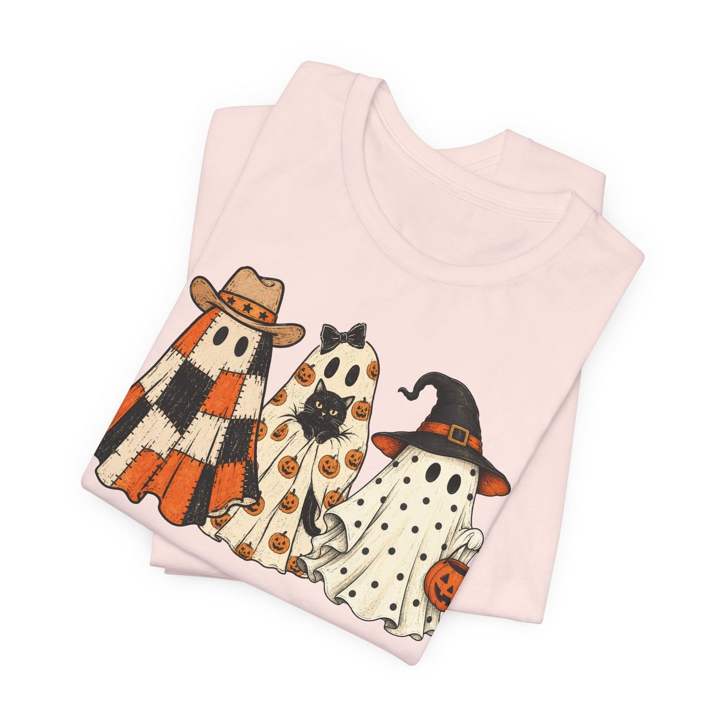 Halloween Ghost Trio T-Shirt — Cute Vintage Ghosts in Hats & Pumpkin Candy Bucket
