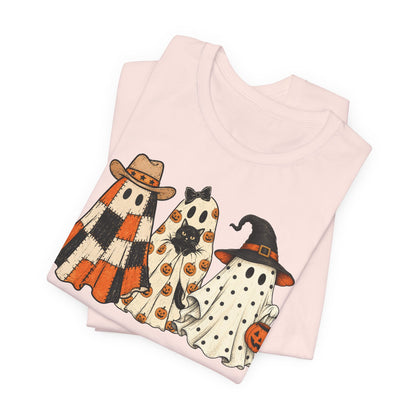 Halloween Ghost Trio T-Shirt — Cute Vintage Ghosts in Hats & Pumpkin Candy Bucket