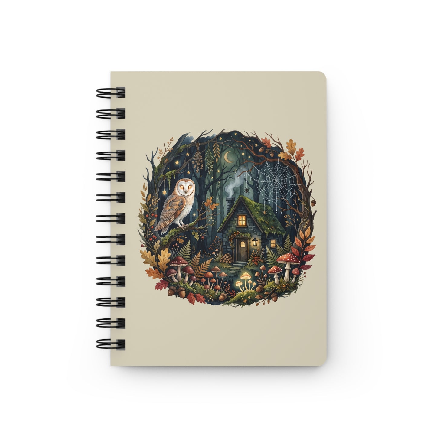 Woodland Owl Cottage Spiral Bound Journal | Forest Cabin Night Illustration