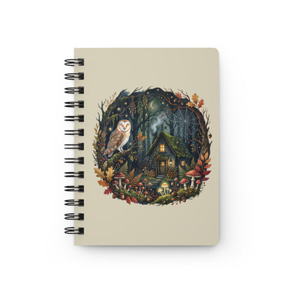 Woodland Owl Cottage Spiral Bound Journal | Forest Cabin Night Illustration