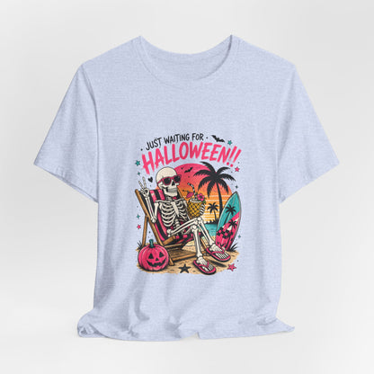 Just Waiting for Halloween Skeleton Beach Scene T-Shirt | Halloween Tee