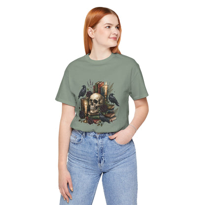 Skull and Ravens with Books Tee | Candlelit Gothic Skull T-Shirt