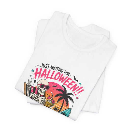 Just Waiting for Halloween Skeleton Beach Scene T-Shirt | Halloween Tee