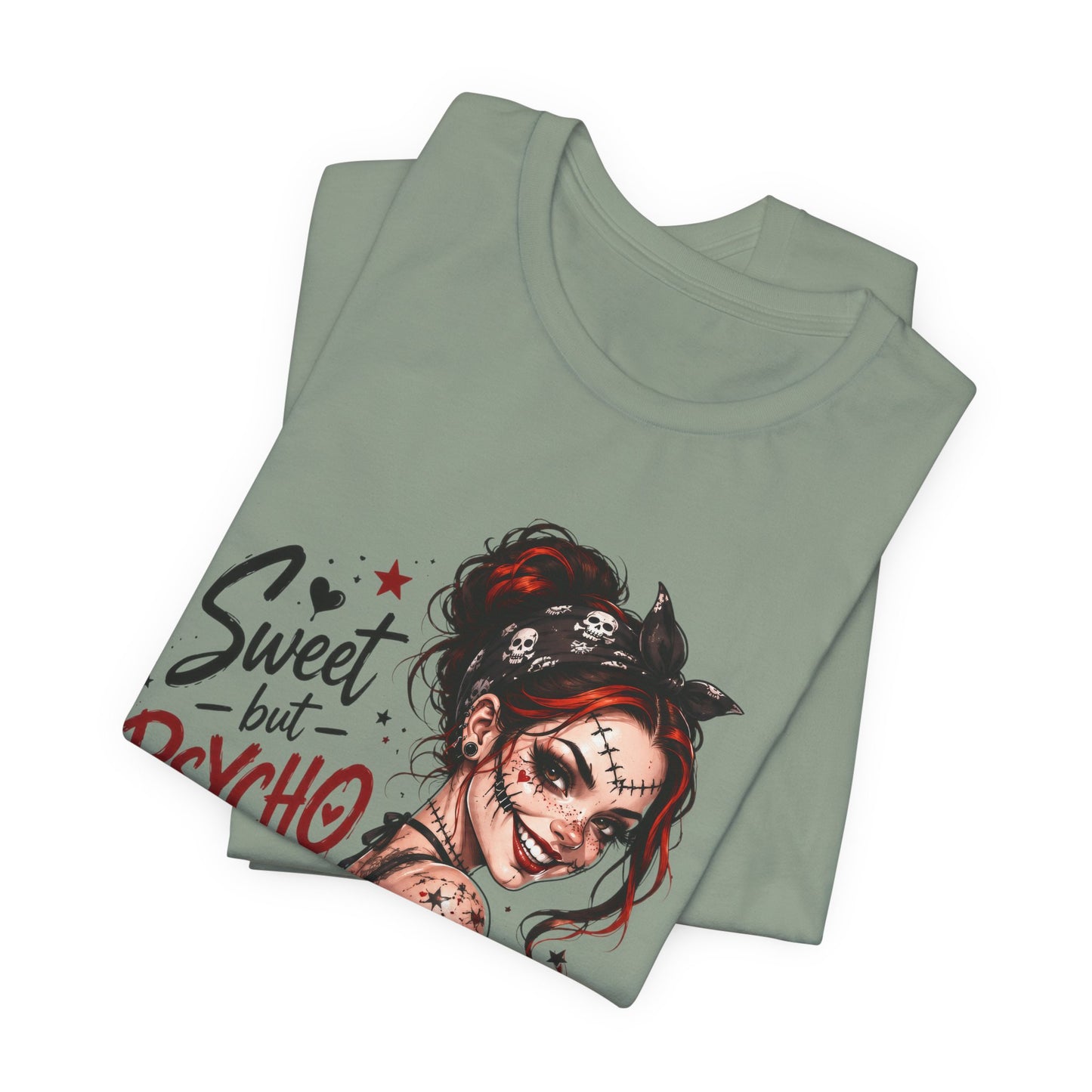 Sweet but Psycho Girl Portrait T-Shirt | Gothic Pinup Skull Art