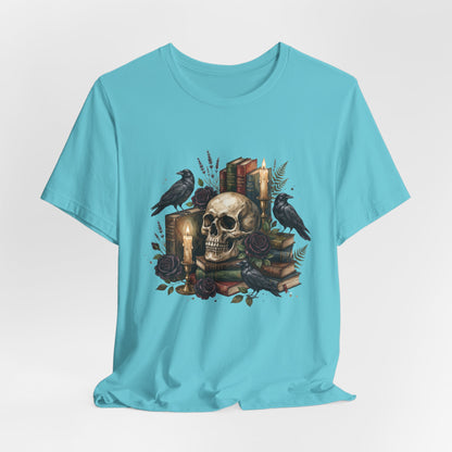 Skull and Ravens with Books Tee | Candlelit Gothic Skull T-Shirt