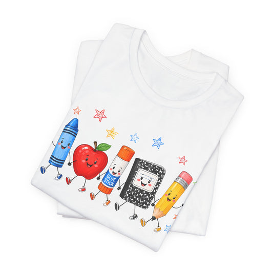 School Supplies Friends T-Shirt | Cute Crayon Apple Glue Pencil Notebook Design