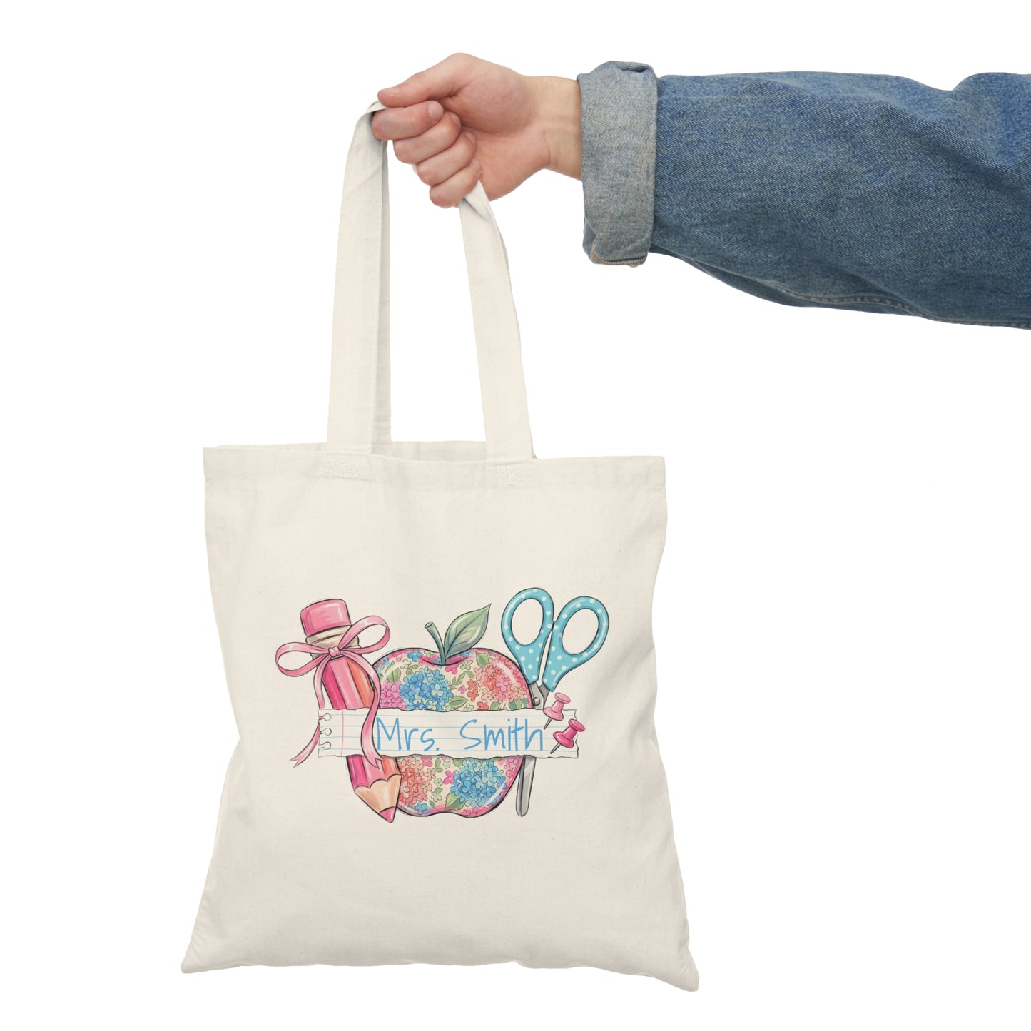 Personalized Teacher Apple with Scissors and Pencil Tote Bag | Custom Name