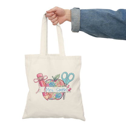 Personalized Teacher Apple with Scissors and Pencil Tote Bag | Custom Name