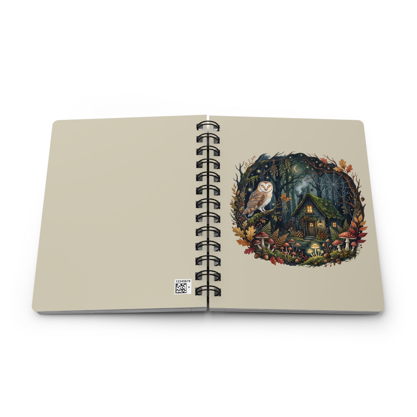 Woodland Owl Cottage Spiral Bound Journal | Forest Cabin Night Illustration