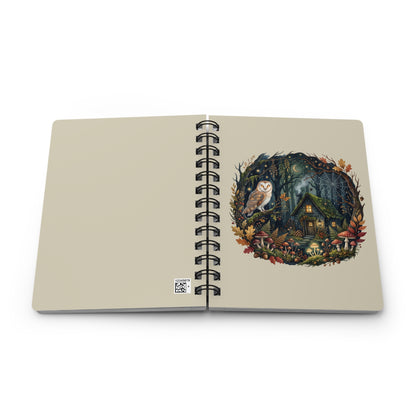 Woodland Owl Cottage Spiral Bound Journal | Forest Cabin Night Illustration