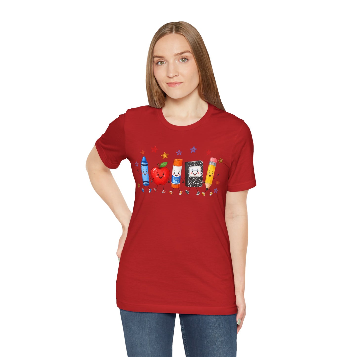 School Supplies Friends T-Shirt | Cute Crayon Apple Glue Pencil Notebook Design