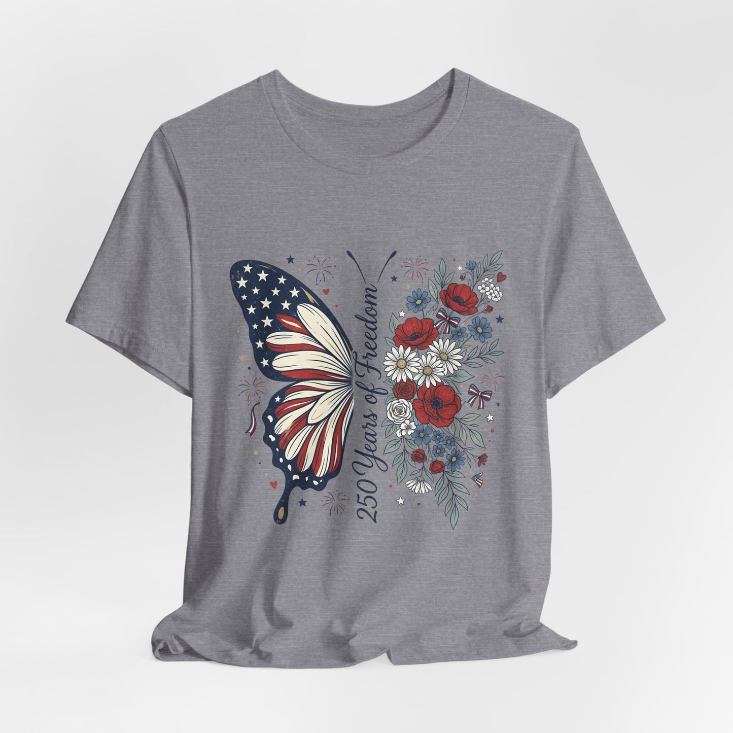 Butterfly Flag T-Shirt – "250 Years of Freedom" Patriotic Floral Tee