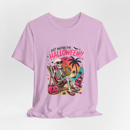 Just Waiting for Halloween Skeleton Beach Scene T-Shirt | Halloween Tee