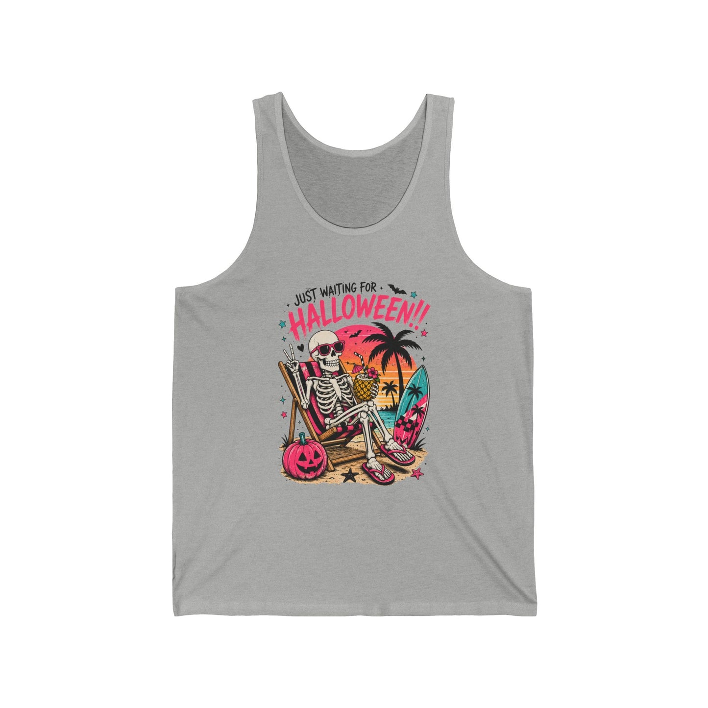 Halloween Beach Tank Top — "Just Waiting for Halloween" Skeleton Surfing Tank