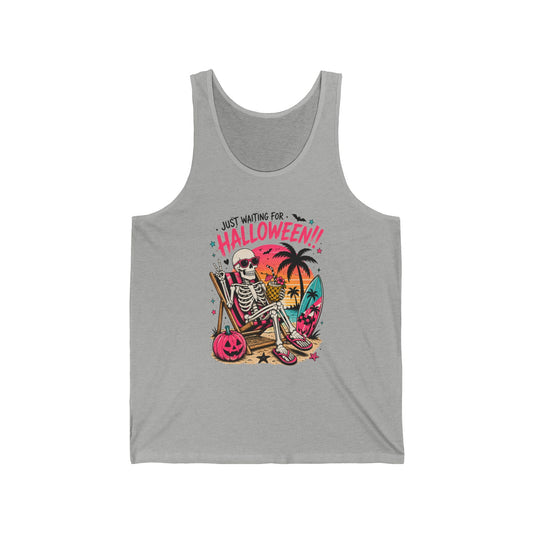 Halloween Beach Tank Top — "Just Waiting for Halloween" Skeleton Surfing Tank