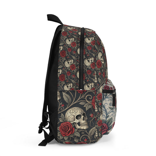 Skull and Red Roses Backpack | Gothic Floral Skull Pattern