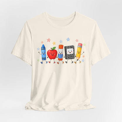 School Supplies Friends T-Shirt | Cute Crayon Apple Glue Pencil Notebook Design