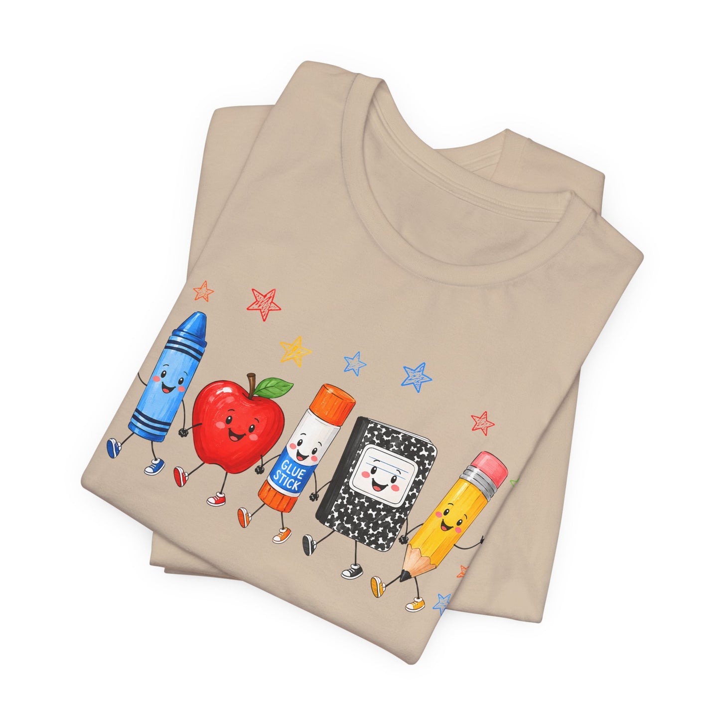 School Supplies Friends T-Shirt | Cute Crayon Apple Glue Pencil Notebook Design