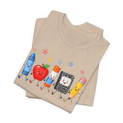 School Supplies Friends T-Shirt | Cute Crayon Apple Glue Pencil Notebook Design