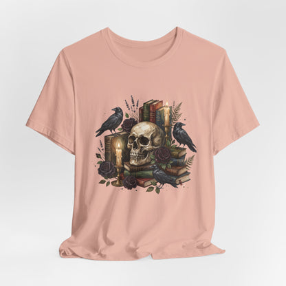 Skull and Ravens with Books Tee | Candlelit Gothic Skull T-Shirt