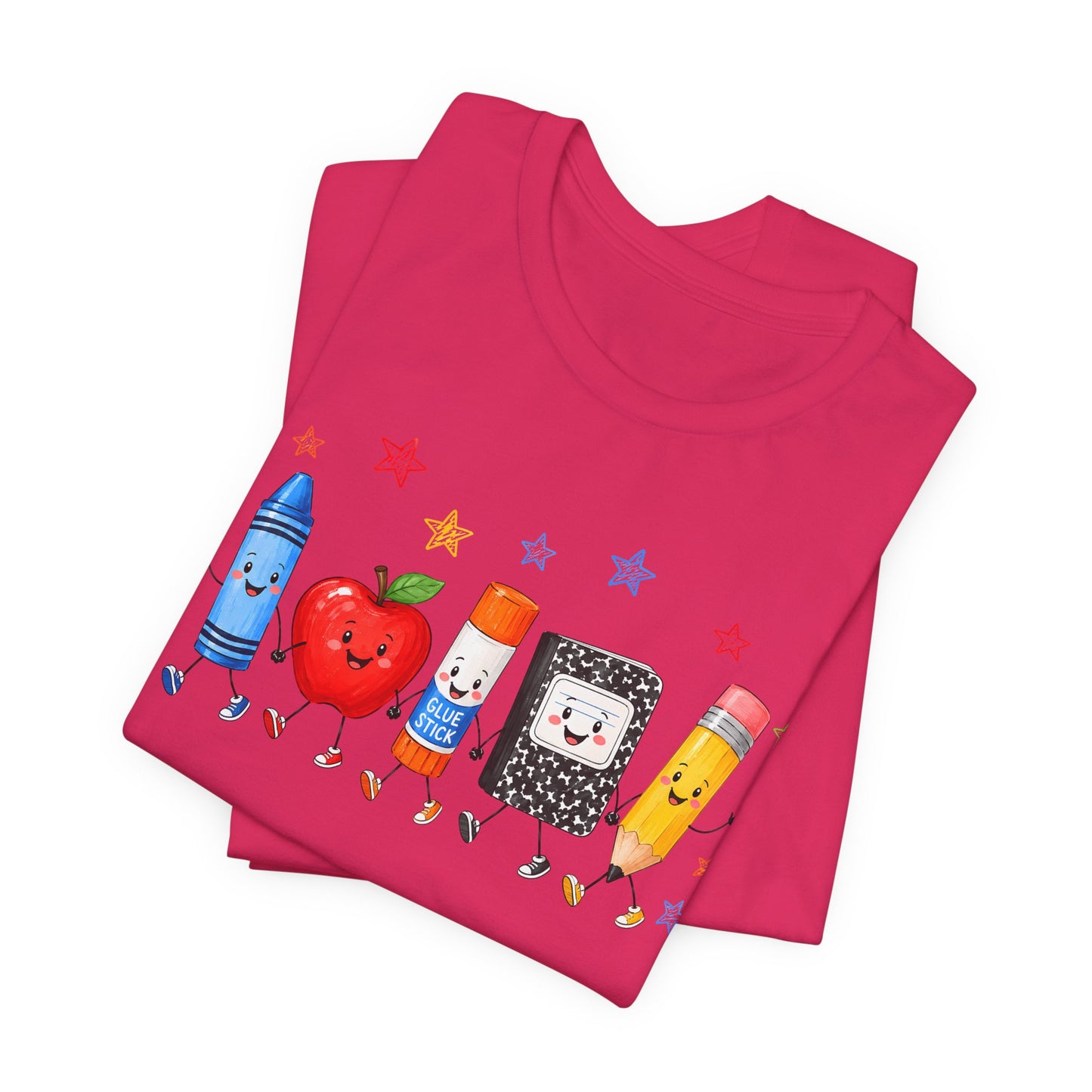 School Supplies Friends T-Shirt | Cute Crayon Apple Glue Pencil Notebook Design