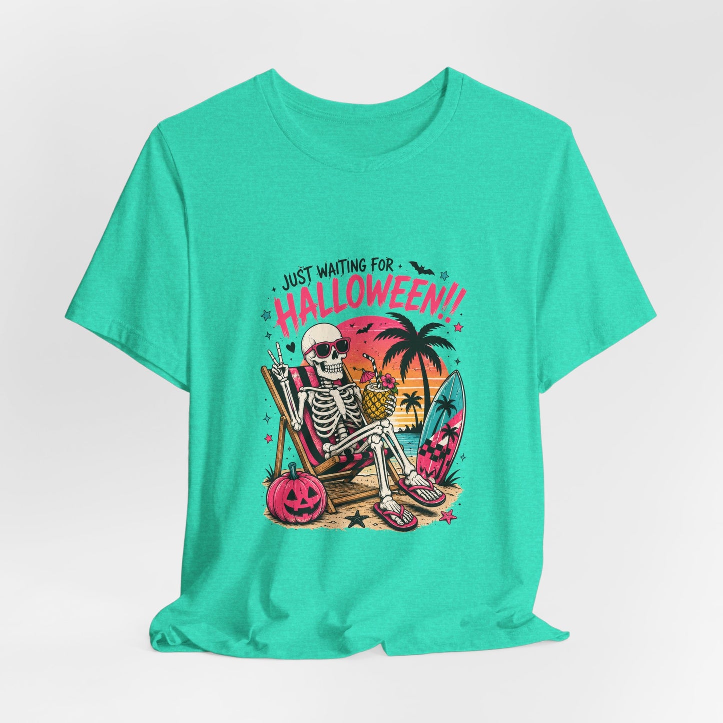 Just Waiting for Halloween Skeleton Beach Scene T-Shirt | Halloween Tee