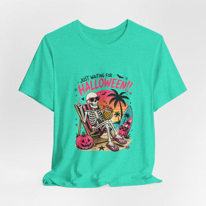 Just Waiting for Halloween Skeleton Beach Scene T-Shirt | Halloween Tee