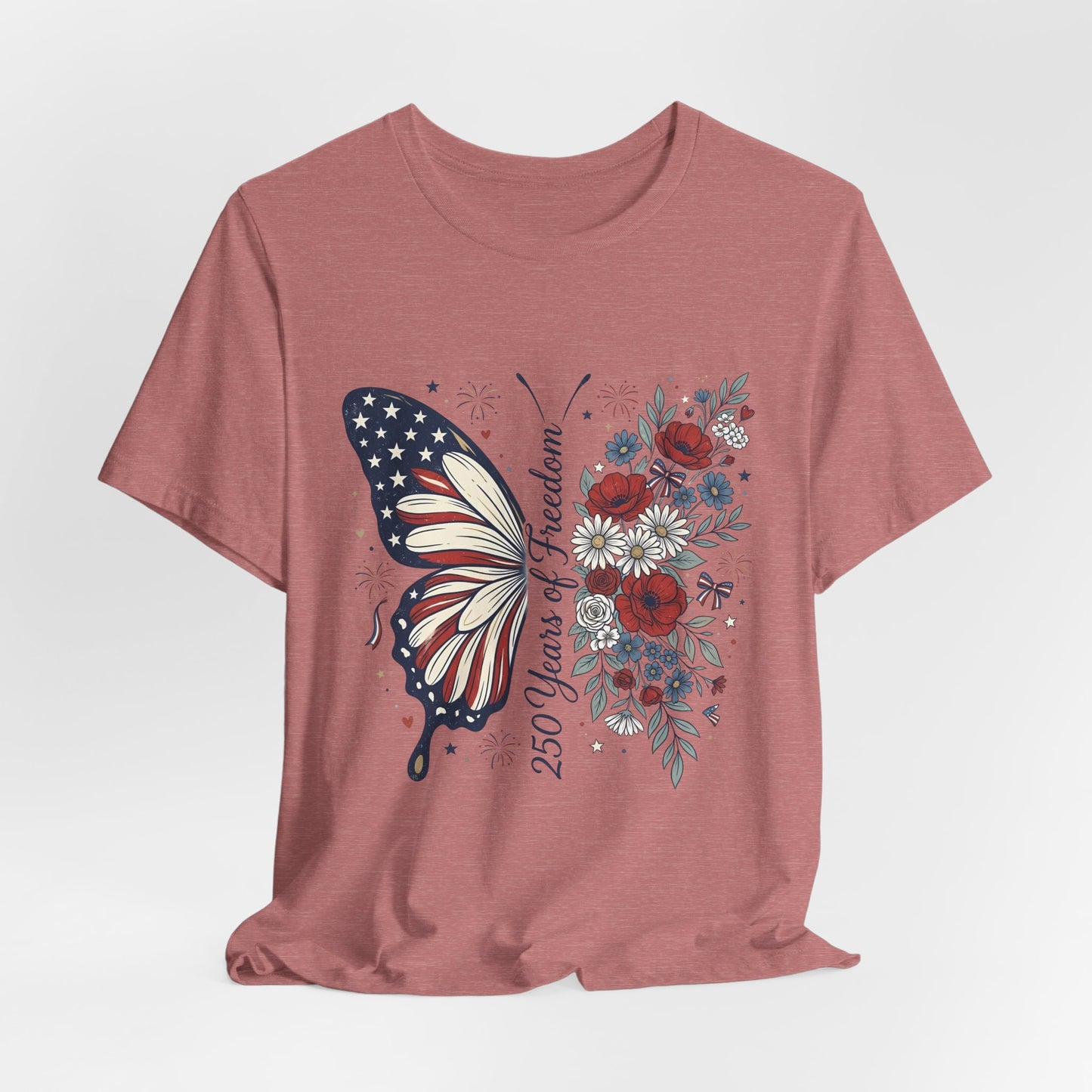 Butterfly Flag T-Shirt – "250 Years of Freedom" Patriotic Floral Tee