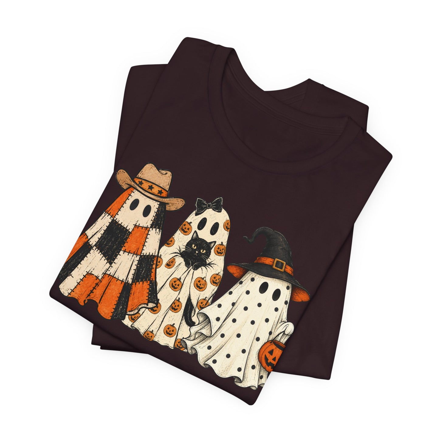 Halloween Ghost Trio T-Shirt — Cute Vintage Ghosts in Hats & Pumpkin Candy Bucket