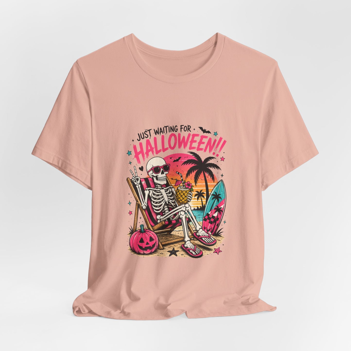 Just Waiting for Halloween Skeleton Beach Scene T-Shirt | Halloween Tee