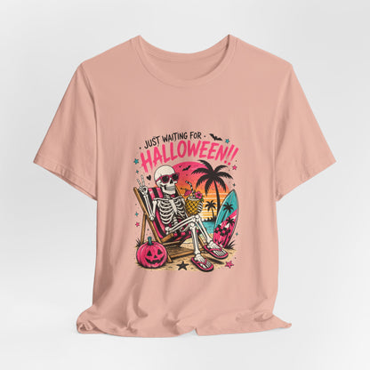 Just Waiting for Halloween Skeleton Beach Scene T-Shirt | Halloween Tee