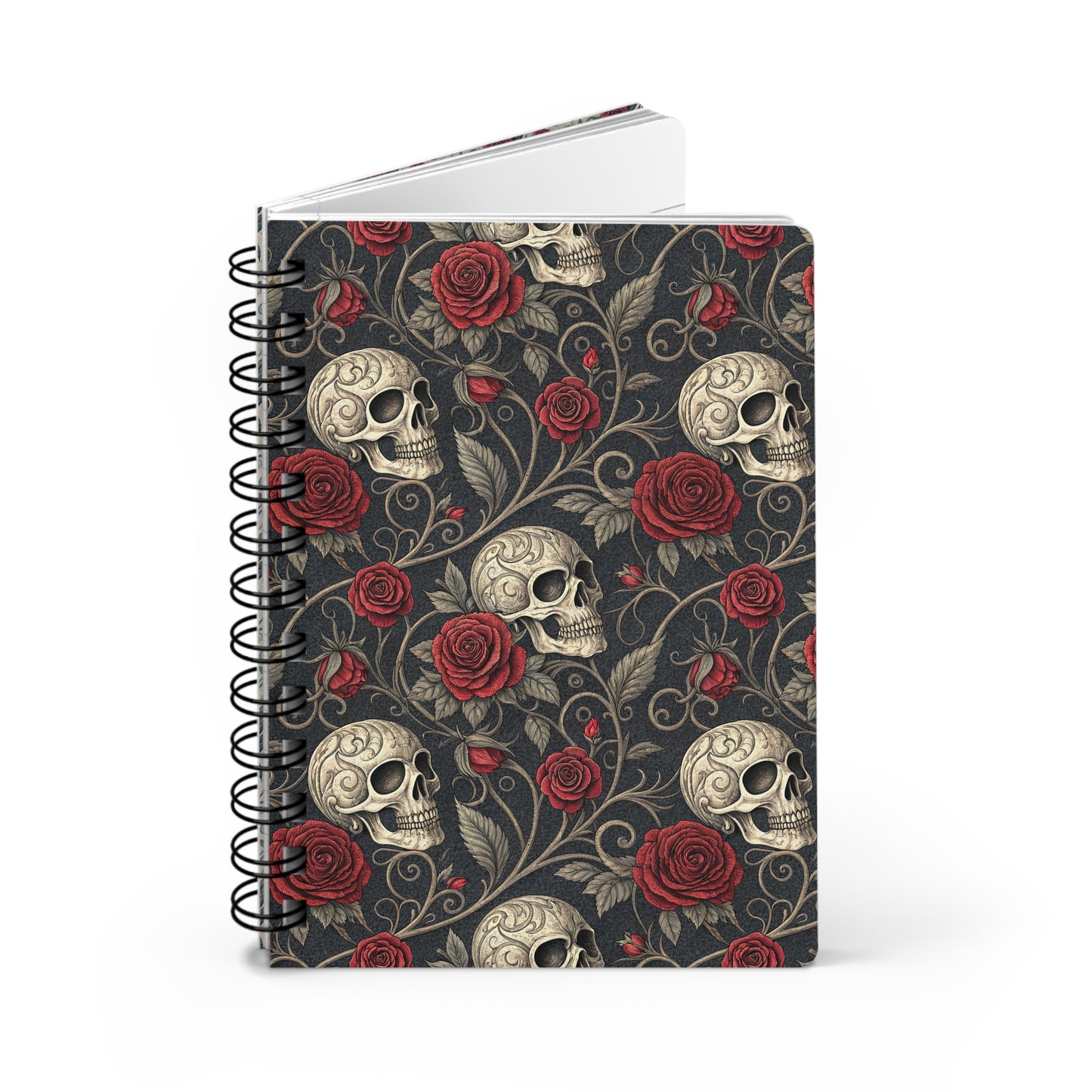 Skull and Red Roses Spiral Bound Journal | Gothic Floral Notebook