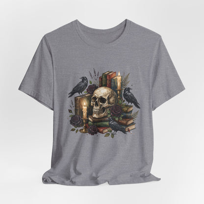 Skull and Ravens with Books Tee | Candlelit Gothic Skull T-Shirt