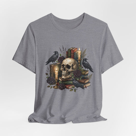 Skull and Ravens with Books Tee | Candlelit Gothic Skull T-Shirt