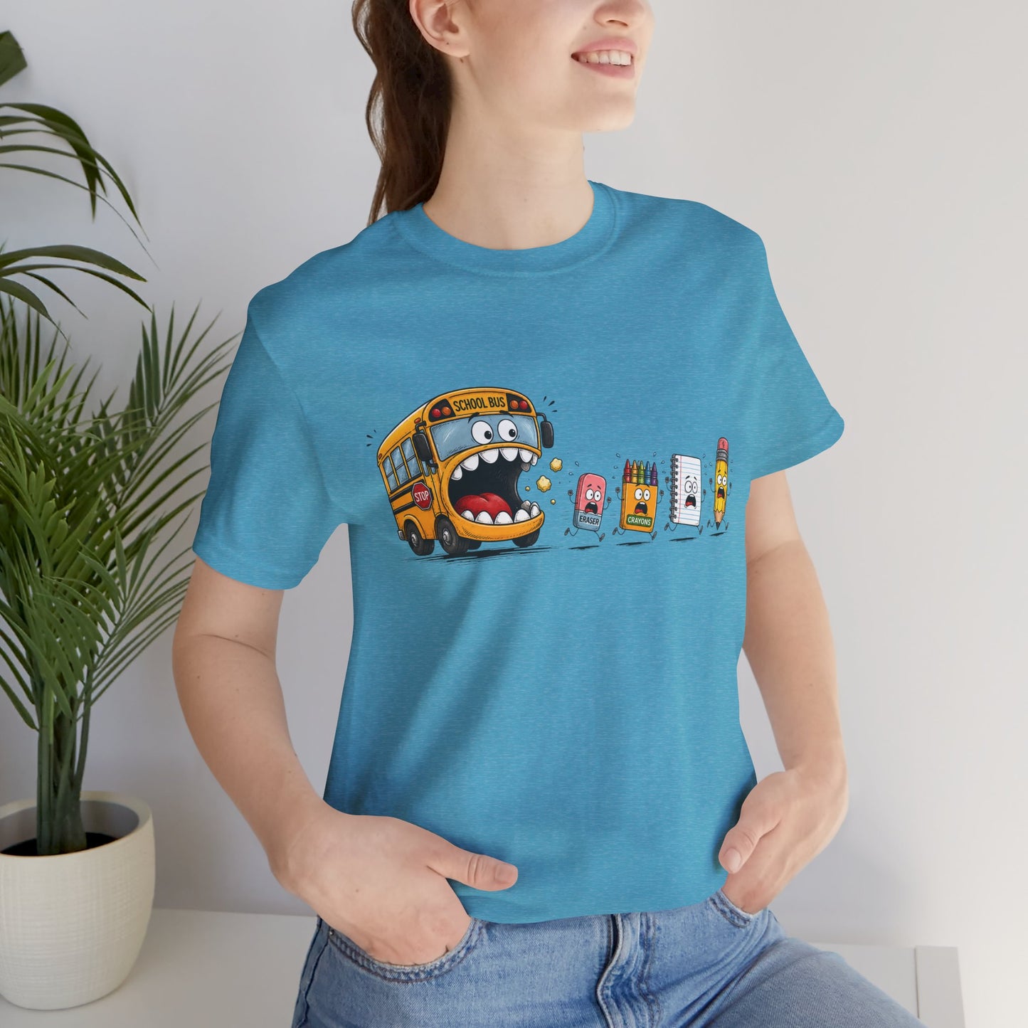 Monster School Bus Chasing School Supplies T-Shirt | Cute Cartoon Back-to-School Tee