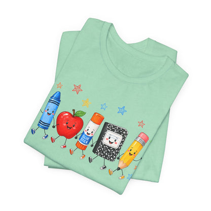 School Supplies Friends T-Shirt | Cute Crayon Apple Glue Pencil Notebook Design