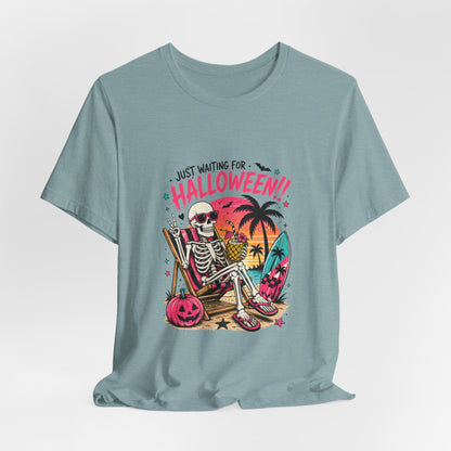 Just Waiting for Halloween Skeleton Beach Scene T-Shirt | Halloween Tee