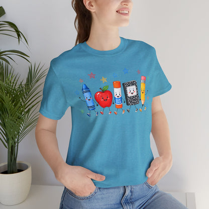 School Supplies Friends T-Shirt | Cute Crayon Apple Glue Pencil Notebook Design